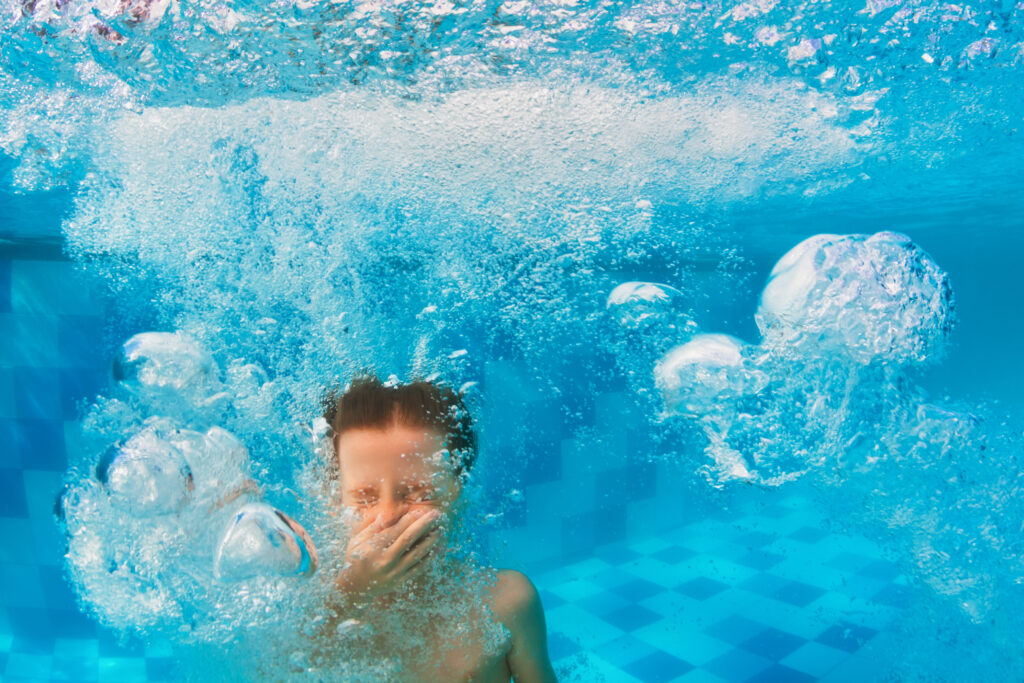 Child Safety Finished Happy Family Have Fun In Swimming Pool Funny Child Swim Dive In Pool Jump Deep Down Underwater From Poolside Healthy Lifestyle People Water Sport Activity Swimming Lessons On Holidays With Kids